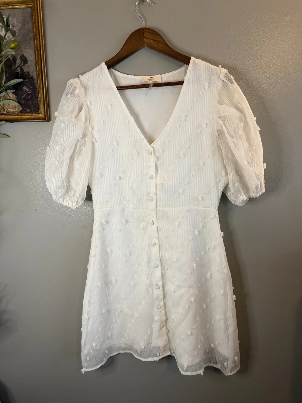 Entro White Swiss Dot Puff Sleeve Mini Dress Size Large - Picture 3 of 8